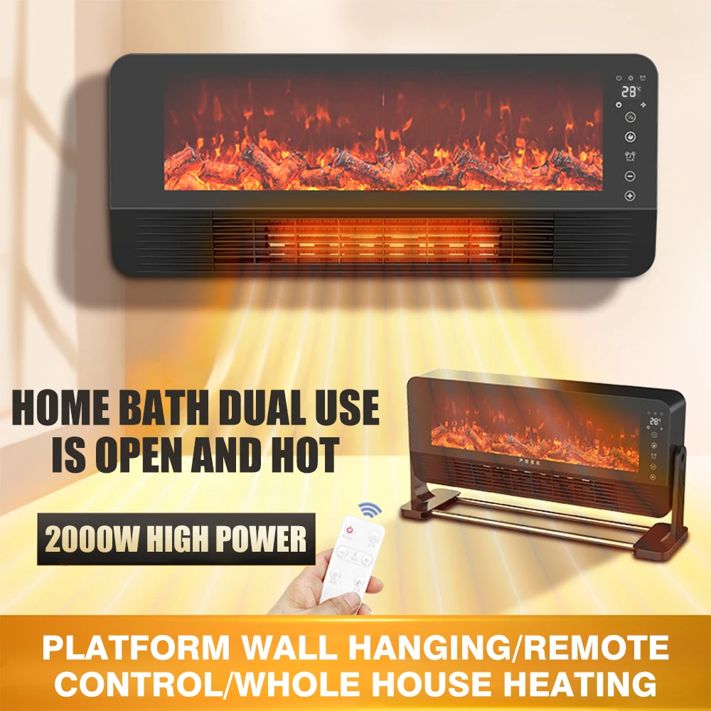 Calentador de chimenea eléctrico de montaje en pared, 2000W, 3 modos con efecto de llama realista, control remoto y temporizador para calefacción del hogar