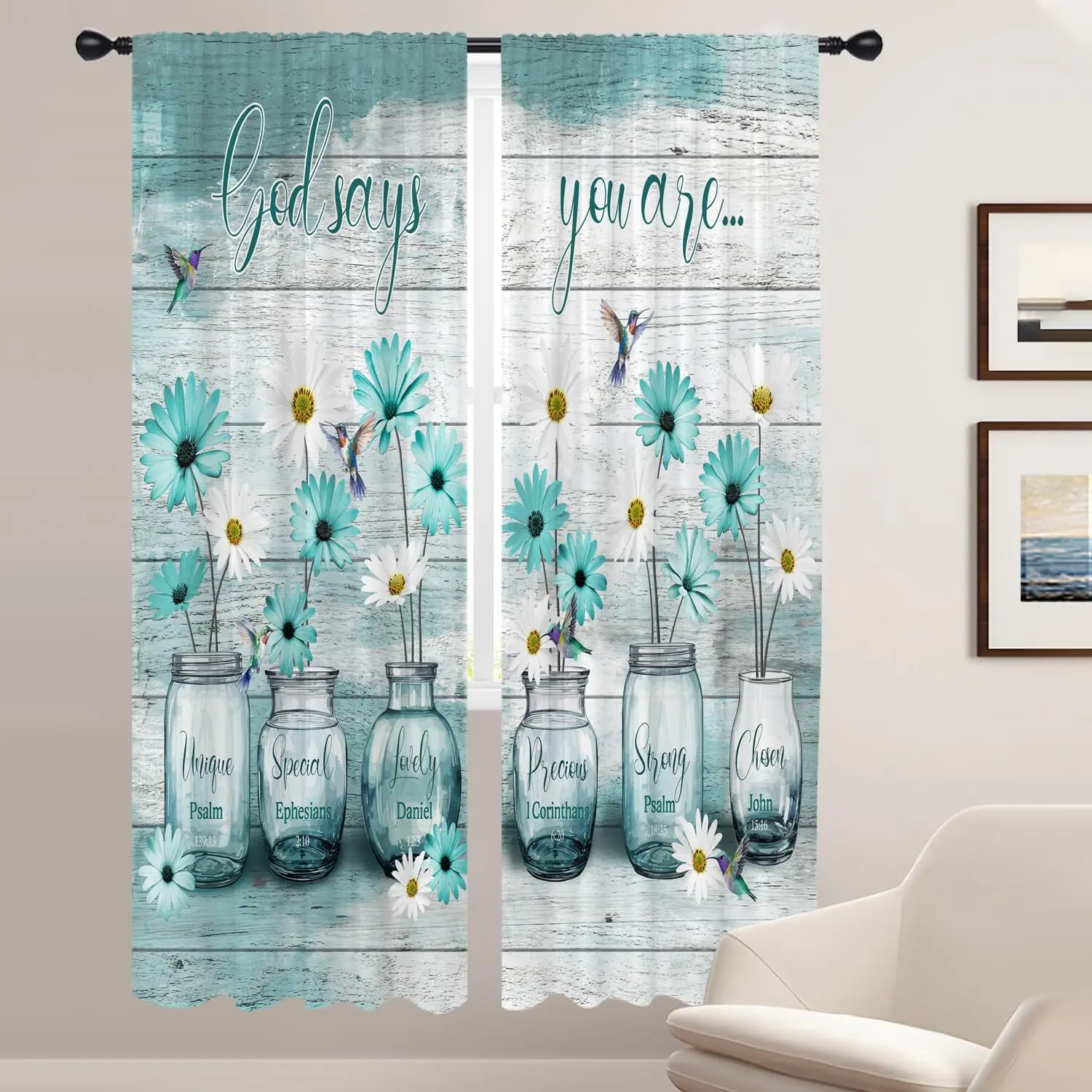 Cortinas Florales para Ventana de Cocina, Cortinas Pequeñas y Cortas con Bolsillo para Barra, Color Turquesa, Aqua, Flores Blancas, Margaritas, Divertidas para Sala de Estar, Dormitorio, Hogar