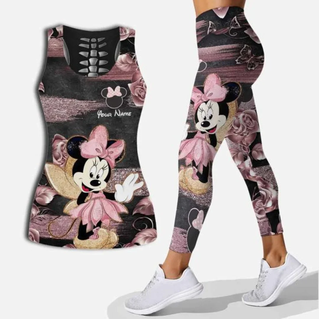 Disney tureMouse-Leggings débardeur creux pour femme, ensemble de yoga, leggings de fitness, haut de sport trempé, glamour Disney