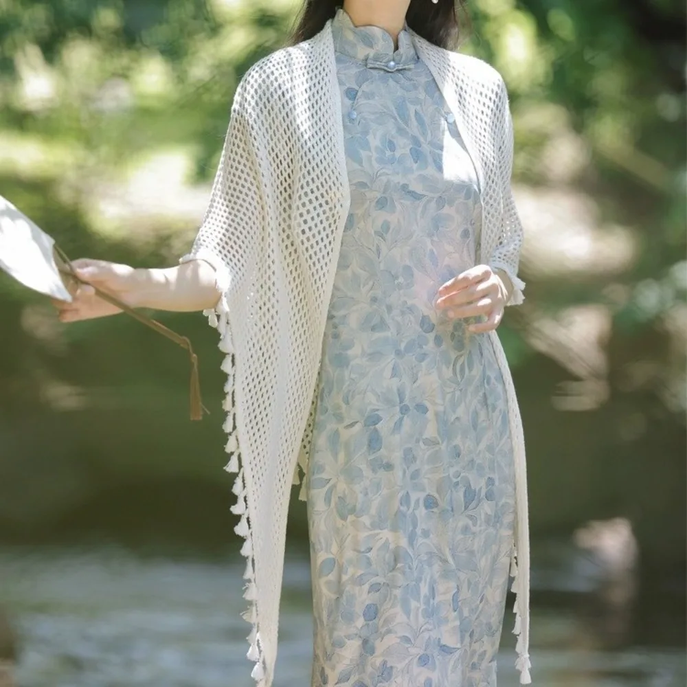 

Trendy Tassel Long Knitted Shawl Chinese Style Hollow Out Open Cardigan Simple Elegant Sunscreen Outerwear Spring Autumn