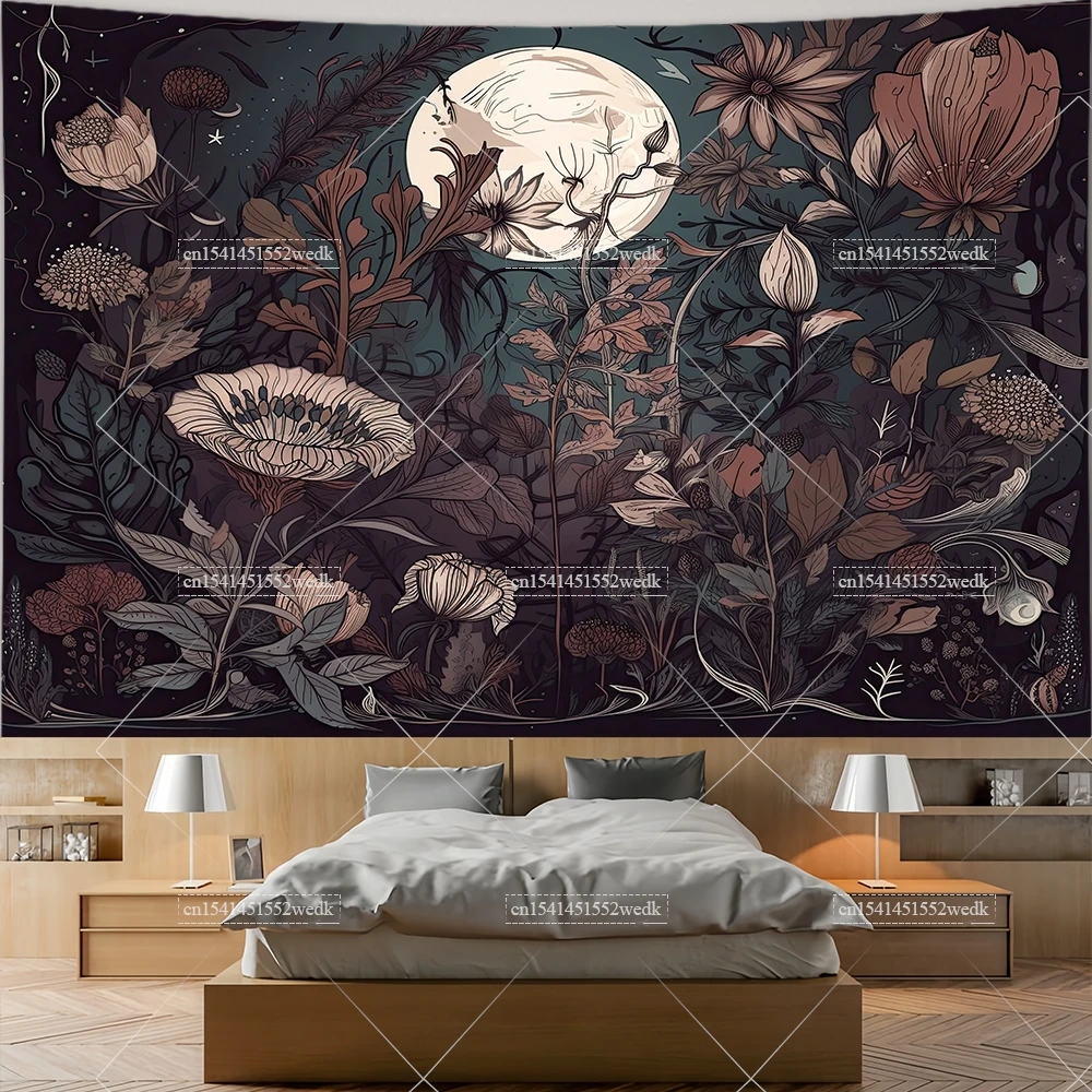 

Lunar Crescent Moon Floral Tapestry Wall Hanging Petal Wreath Tapestrys Aesthetic Room Decor Botanical Wildflower Tapestries