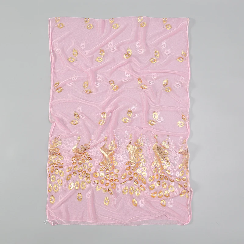 Écharpe Hijab imprimé paon pour femme, châle à paillettes dorées, long châle élégant, écharpes fines pour la tête, 170x60cm