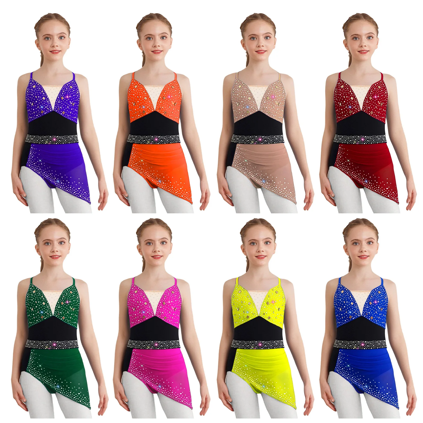 Crianças meninas vestido de patinação artística dança lírica desempenho traje cintas espaguete strass ruched assimétrico vestido lírico