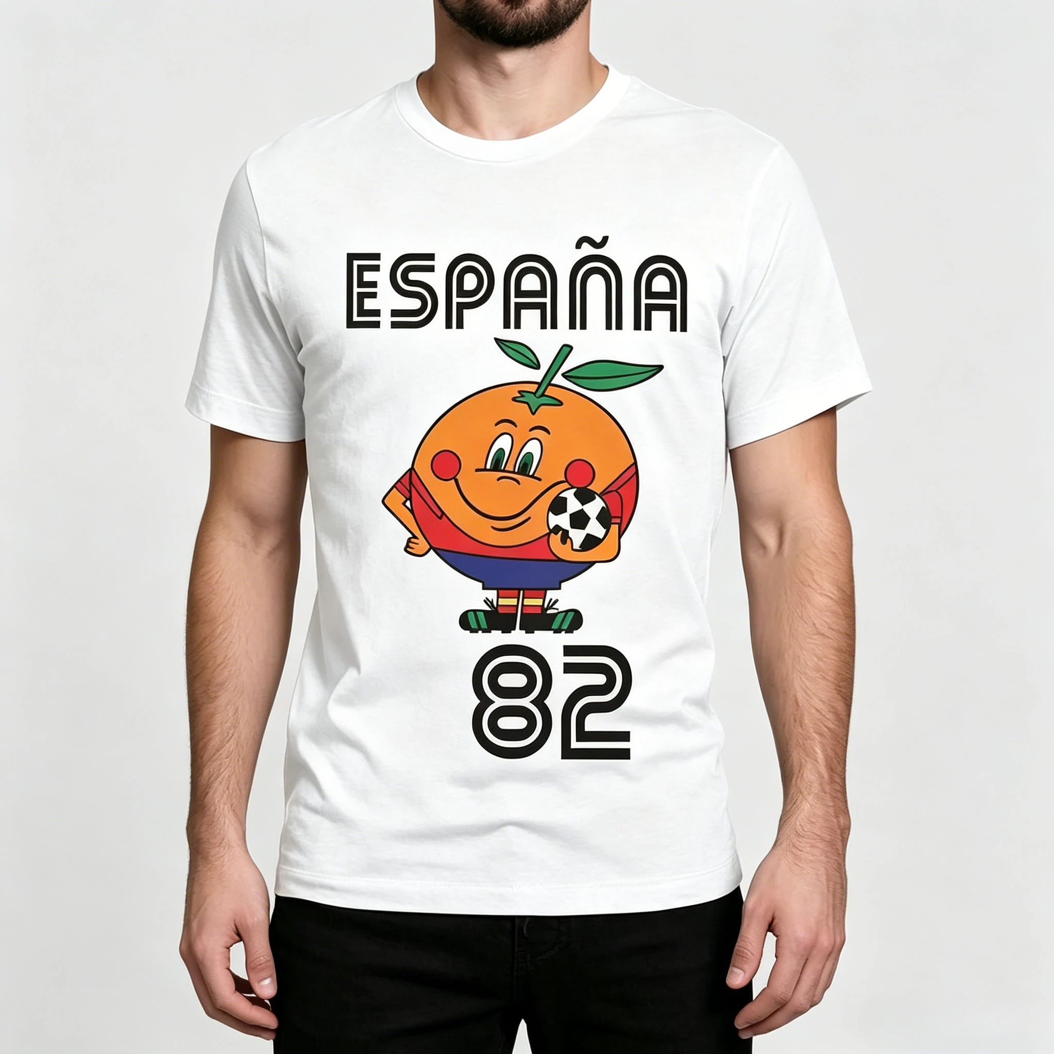 1982 Spanish mascot T-shirt, unisex football-themed printed Tees summer Bohemian Casual loose round-neck pure cotton top