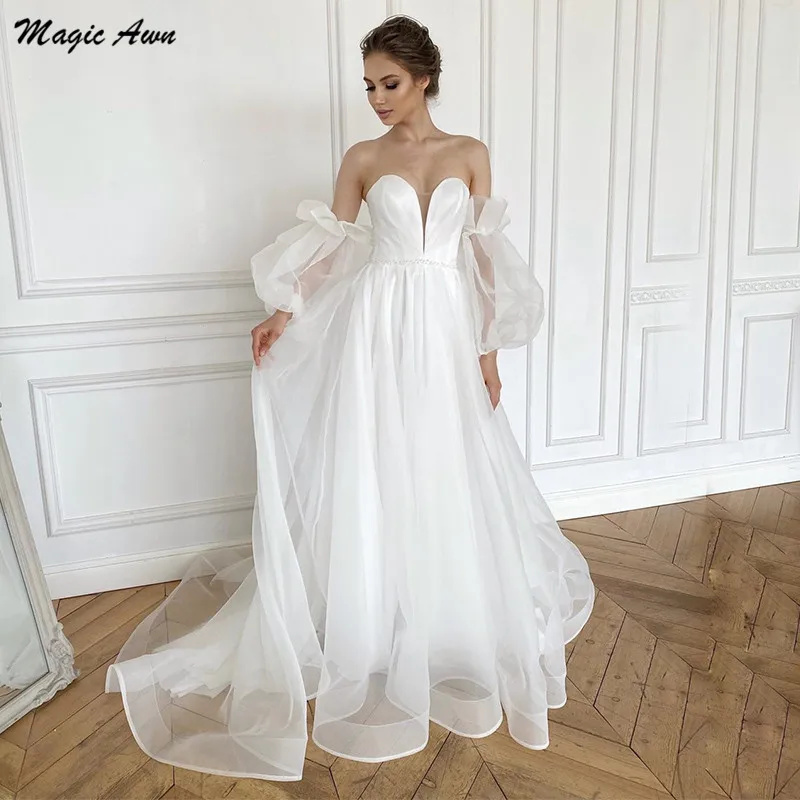 

Magic Awn Simple Organza Wedding Dresses Boho Detachable Puffy Sleeves Illusion A-Line Lace-Up Back White Mariage Gowns Beaded