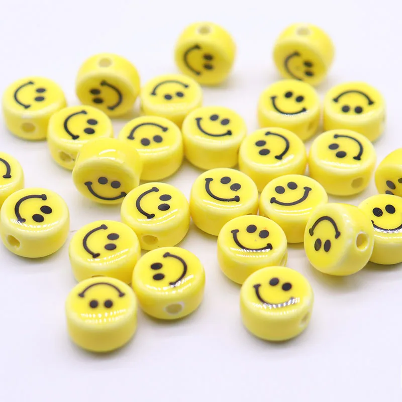 Yellow Smiling Face Ceramic Beads For Jewelry Making DIY Earring Bracelet 8/10/12mm Round Flat Smiling Face Jewelry Accessories