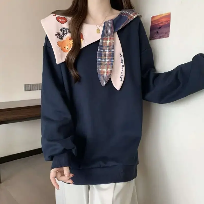 high-end long sleeved sweatshirt for women with a chubby college style, loose and unique, deep blue top  oversized hoodie