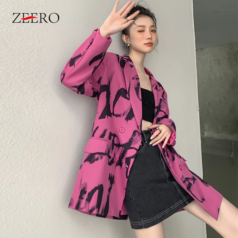 Korean Suit Women Rose Red Letters Print Long Sleeve Blazers Woman Casual Loose Jacket  Ladies Double Breasted Blazers Coats