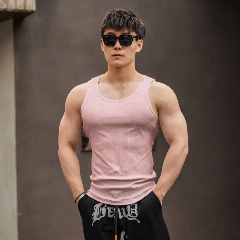 Summer Men\'s Casual Solid Cotton Tank Tops Gym Fitness Sleeveless Undershirt Sports Running Vest Bodybuilding Workouts Clothing