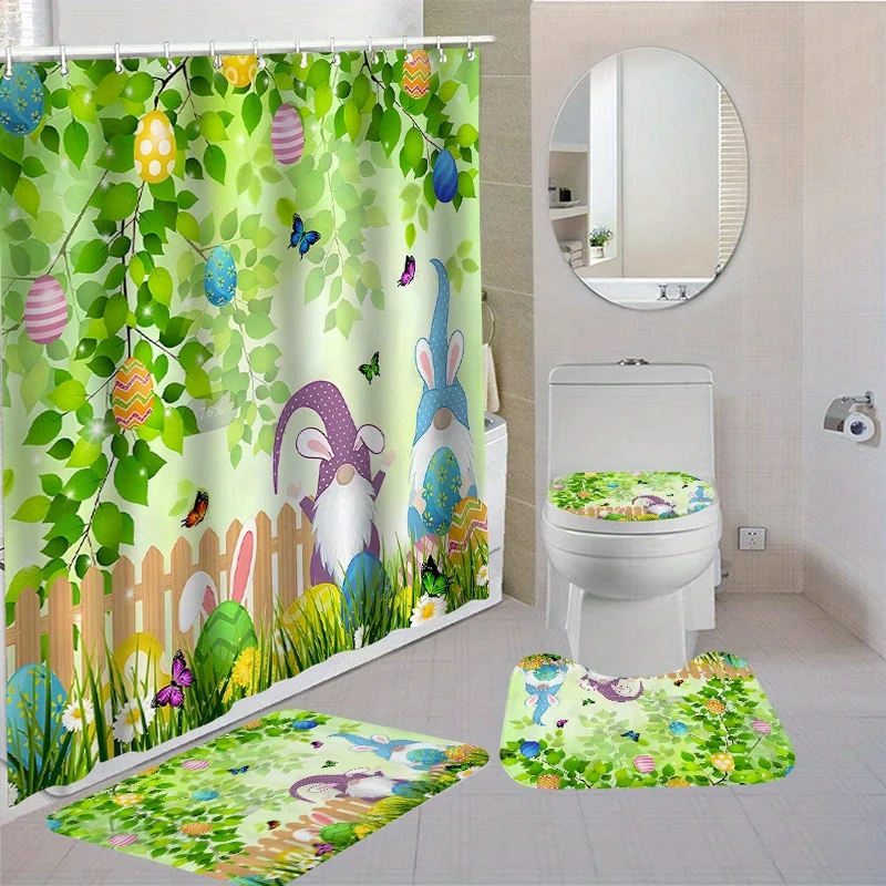 Bunny Egg Pattern Waterproof  Shower Curtain Set,Non-Slip Rug, Toilet U-Shape Mat, Bathroom Easter Decor, Bathroom Accessories