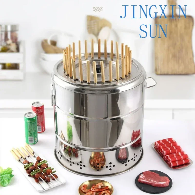Smokeless Barrel BBQ Grill, Charcoal Rotisserie for Home, Commercial, Outdoor Meat Skewer, Portable Roaster