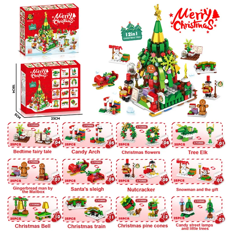 12in1 Kerst Aankomst Kalender Blind Box Boom Kerstman Bouwsteen Treintje Elanden Sneeuwpop Montage Bricks Model Speelgoed