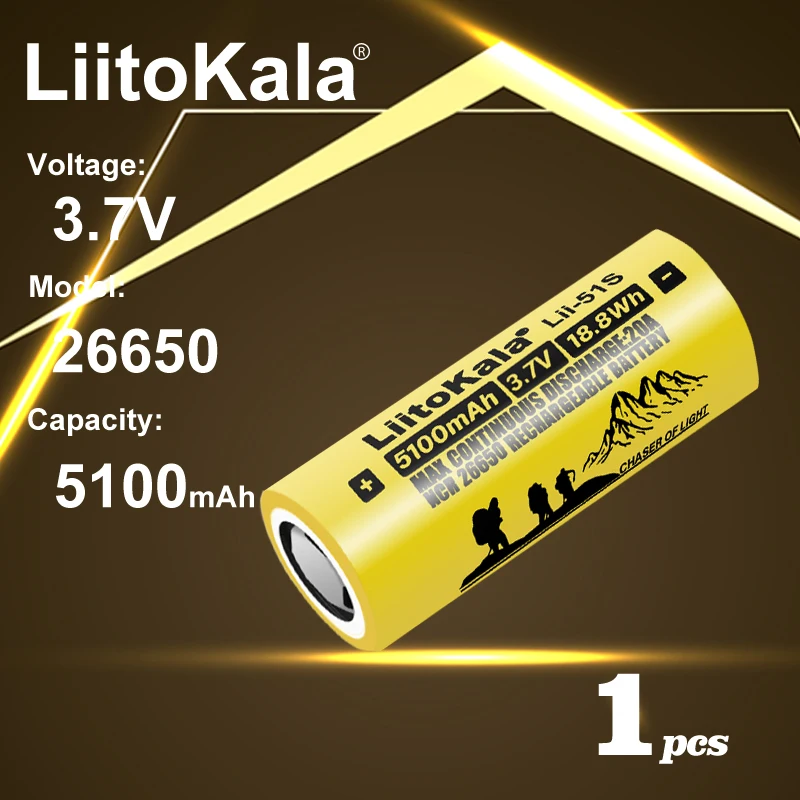 

1 шт. LiitoKala Lii-51S 26650 5200 мАч литий-ионная аккумуляторная батарея 3,7 В 20 А разряд для фонарика аккумуляторы для фар