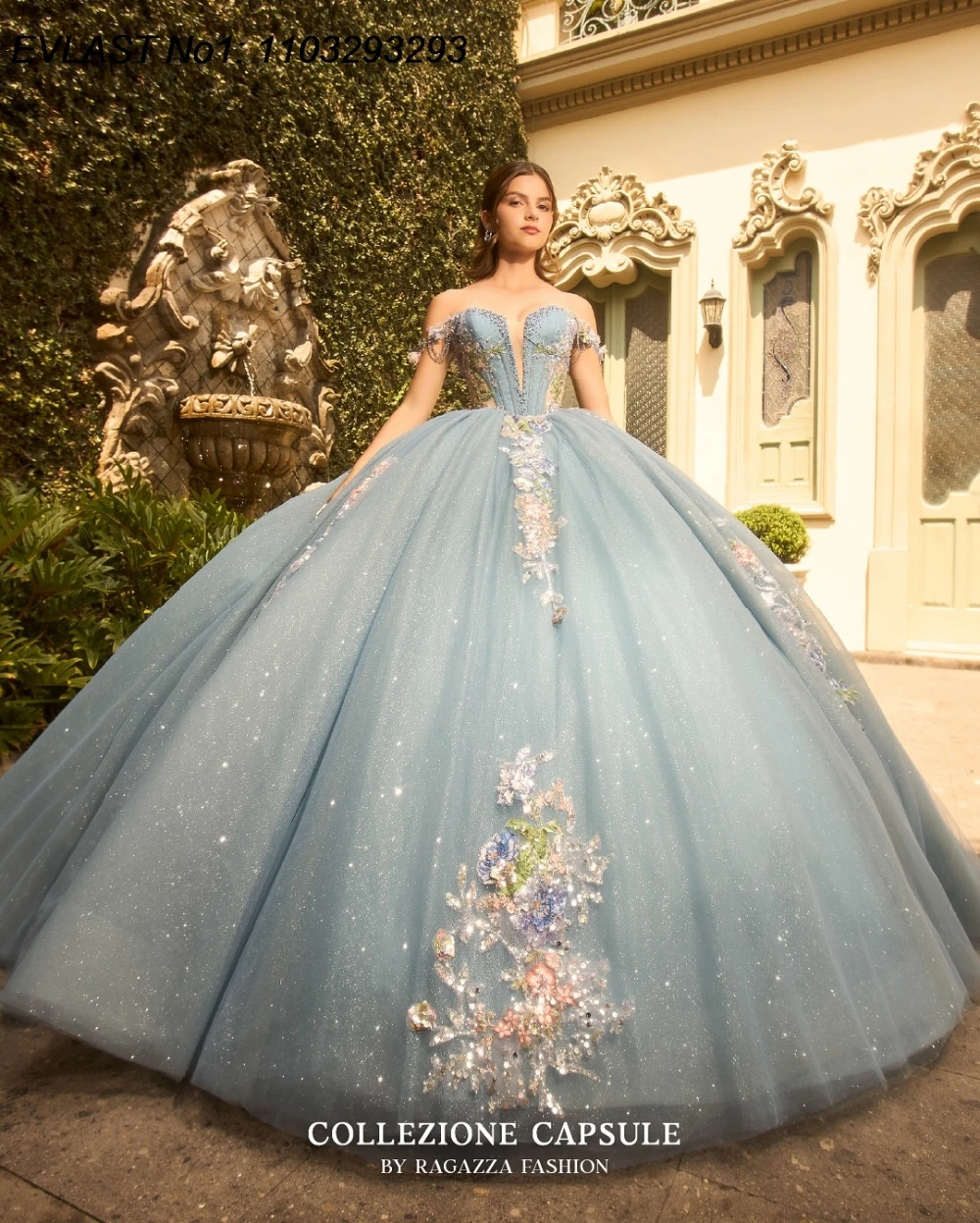 EVLAST personalizado brillo azul vestido para quinceañeras vestido De baile apliques florales rebordear lazo grande dulce 16 Vestidos De 15 Anos E1QN749