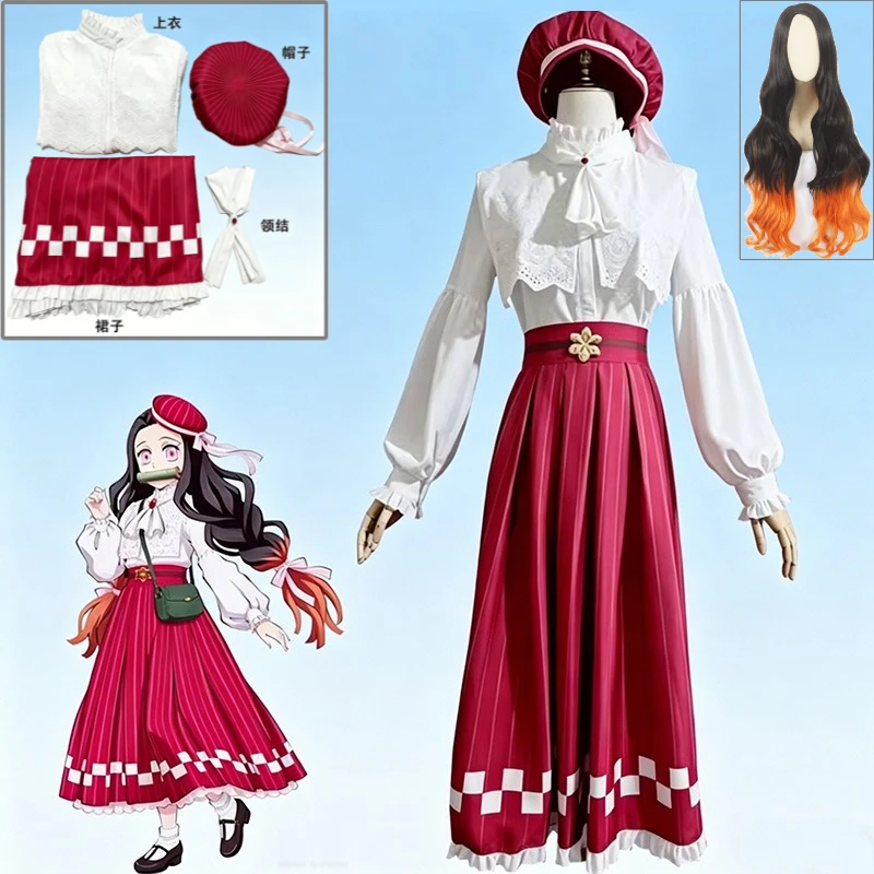 

Nezuko Cosplay Costume 5th Anniversary Live Performance Kimono Dress Hair Bow Ribbon Full Set for Women Cosplay Party