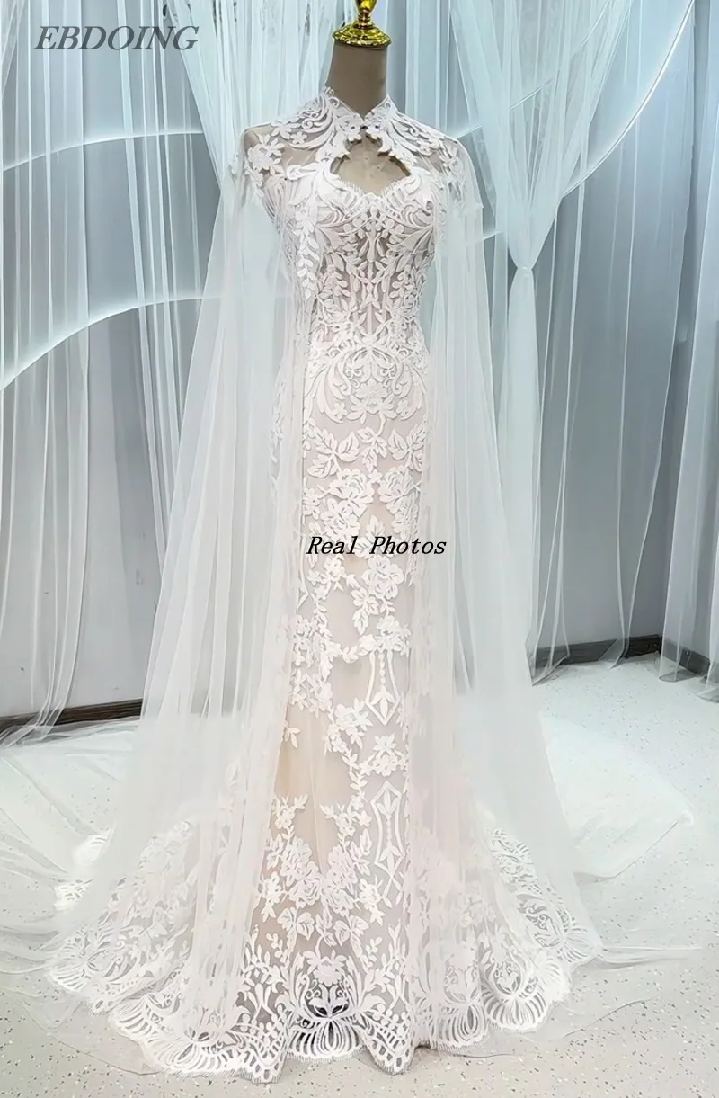 EBDOING Customized Wedding Dress Mermaid Lace  Sweetheart Neckline  With Detachable Cape Bride Gowns