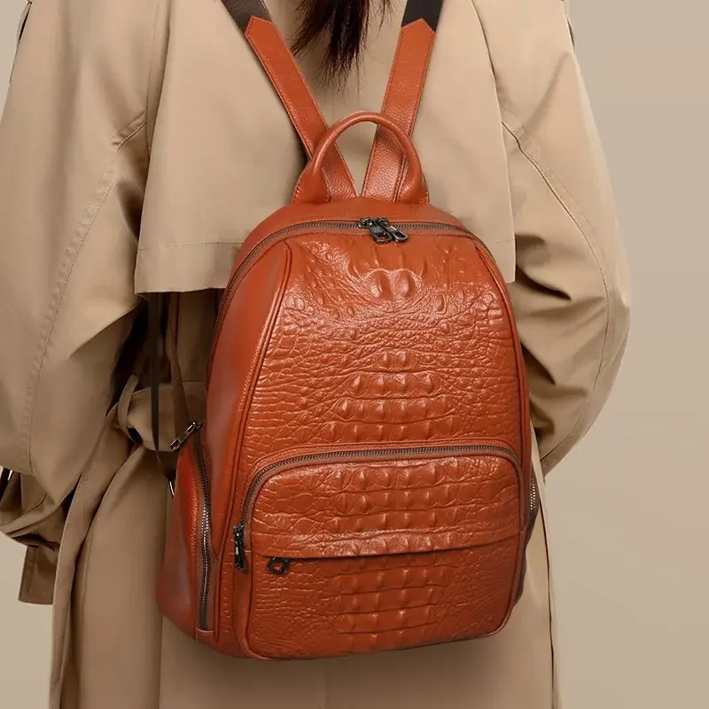 New Fashion Alligator Cow Genuine Leather Women Backpack High Quality Female Student Bag Girl Brand Casual School Backpacks