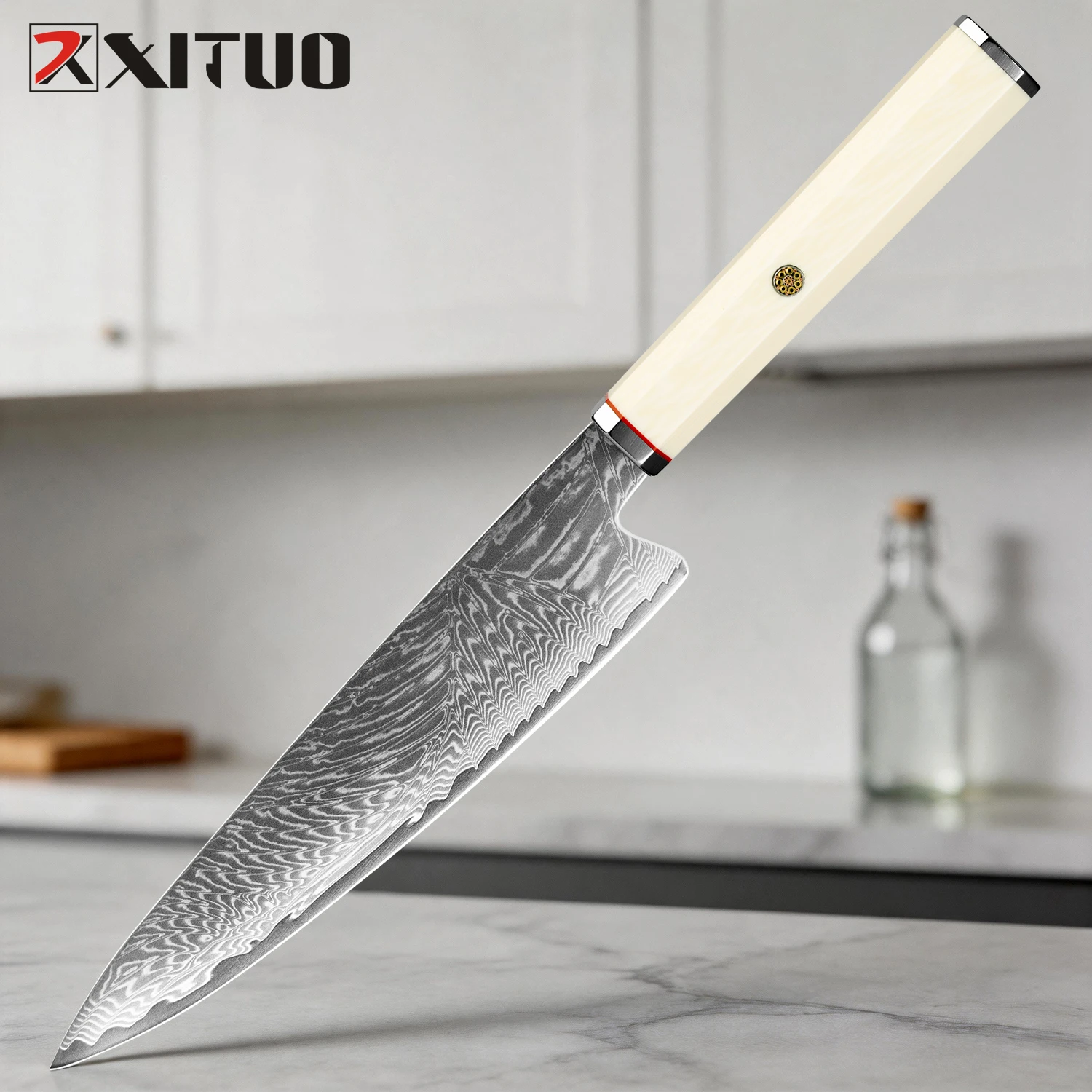 

XITUO Japanese 8 Inch Chef Knife,Kitchen Knife with Damascus Steel,Cooking Knives for Home Chef,Imitation Ivory Octagonal Handle