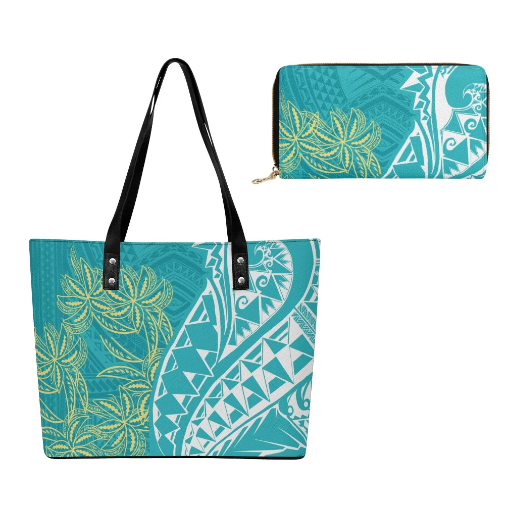 

Customizable Polynesian Floral Leather Handbag Wallet Duo Womens Casual Printed Pattern Spacious Tote Chic Soft Design