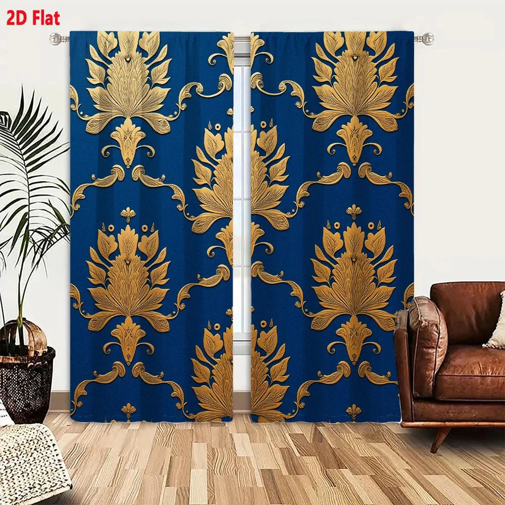 2Pcs Curtains 2D Flat Baroque Royal Blue Damask Pattern With Metallic Gold Floral Motifs For Wallpaper And Fabric Window Drapes