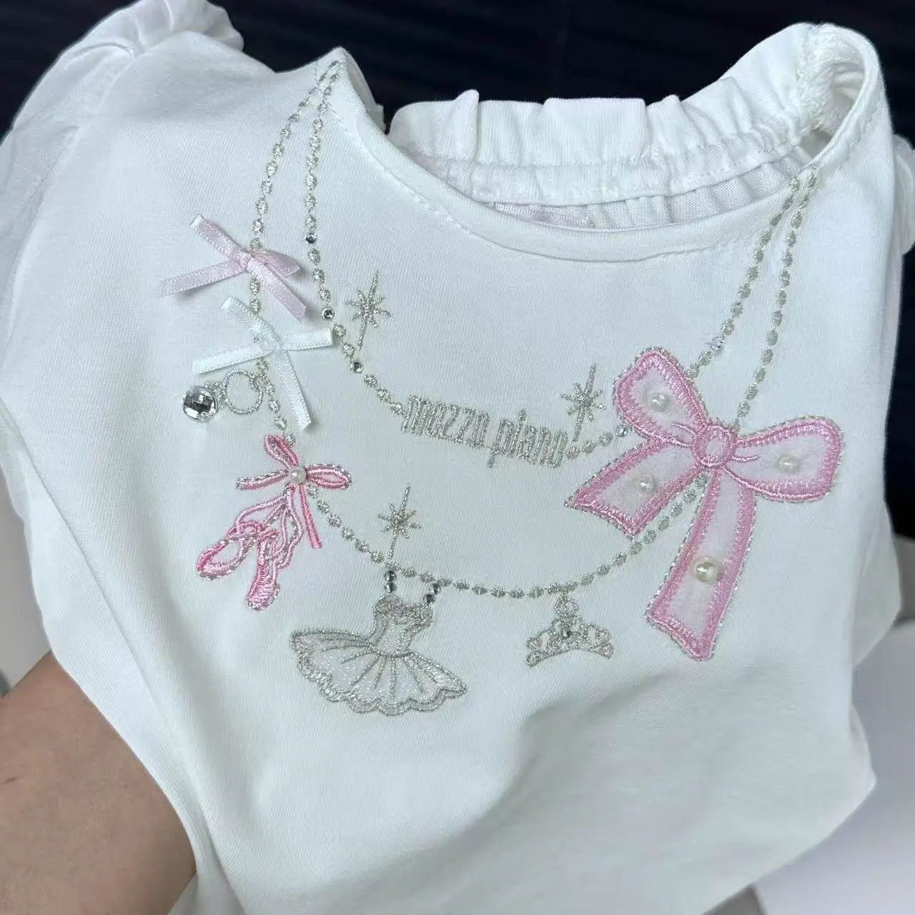 Japanese Cute Cartoon Mp Embroidered Jojifuku Short-sleeved T-shirt Autumn New Sweet Mom and Daughter Matching Clothes