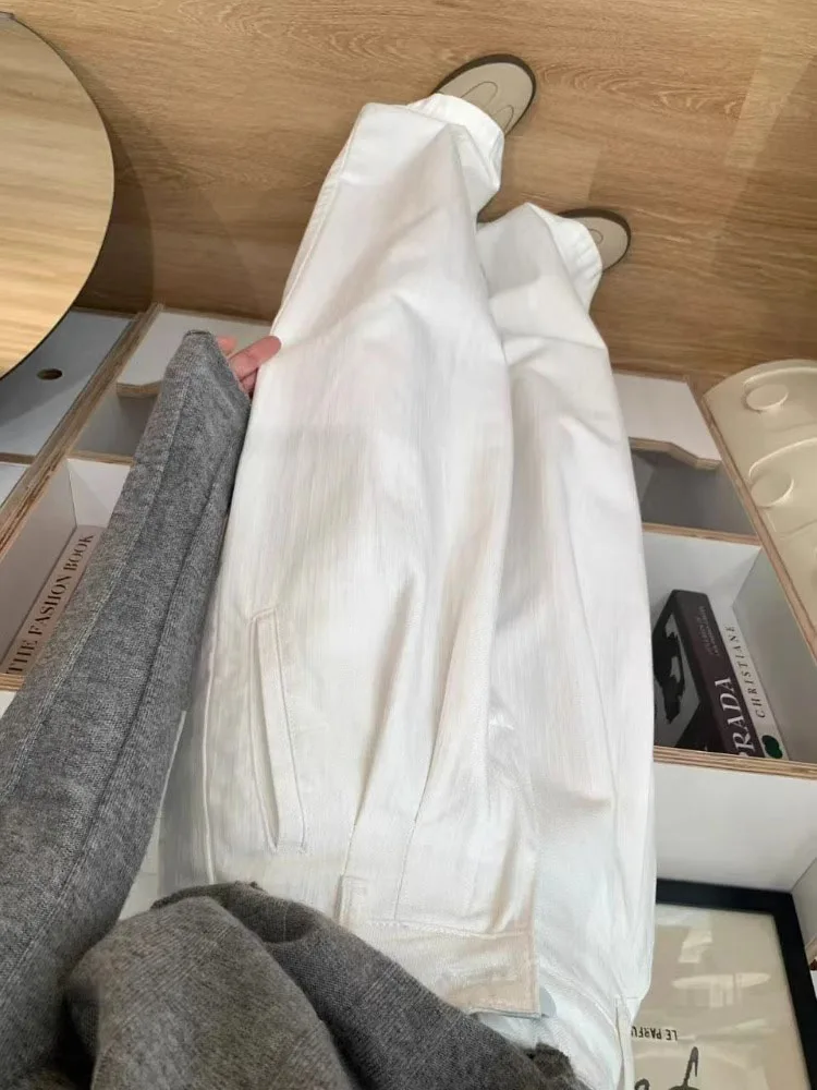 화이트 플리츠 스트레이트 레그 데님 진 여성 플러스 사이즈 하이웨이스트 슬림 힙 커버 와이드 레그 롱 팬츠 캐주얼 스타일