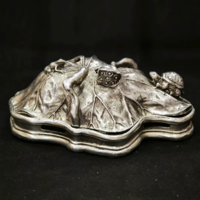 Antique Copper Collection Qing Qianlong Lotus Leaf Turtle Fragrance Box Home Desktop Decoration Folk Art handicraft