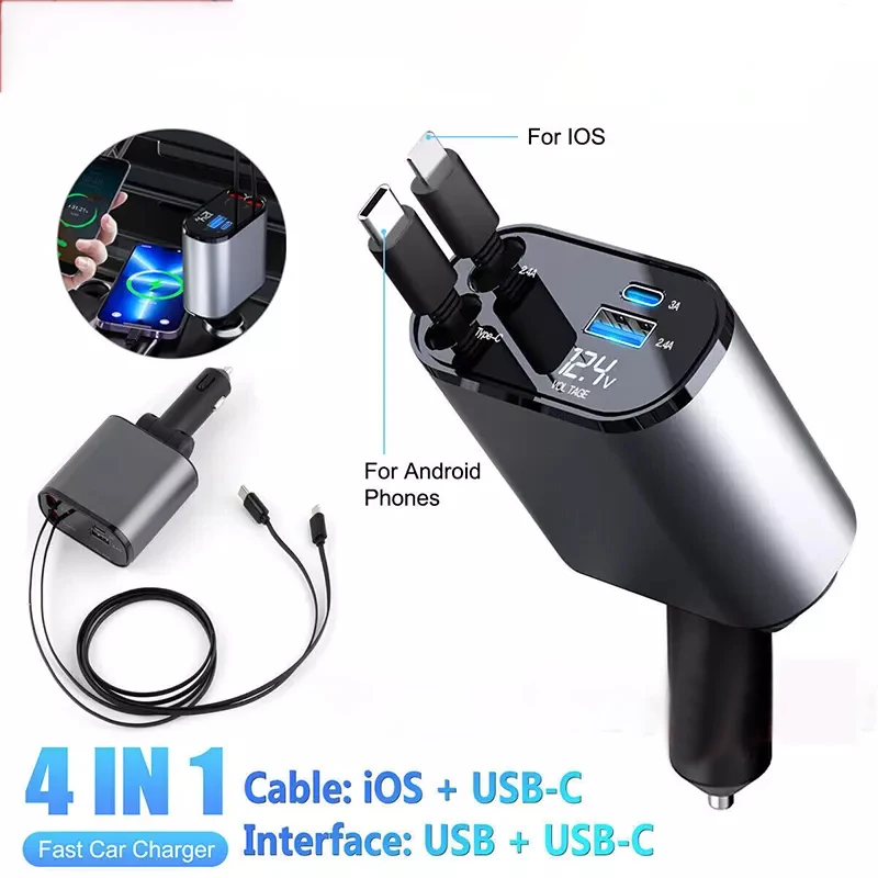 

120w Retractable Car Charger 4 in 1 Fast Car Phone Charger With USB Type C Cable For iPhone For Samsung Fast Charge Cord Adapte