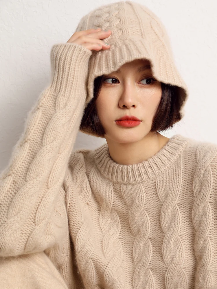 

MEETCC Women 100% Cashmere Fisherman Hat Fashionable Warm Headwear Versatile Basic Cable Headwear Autumn Winter Knitwears