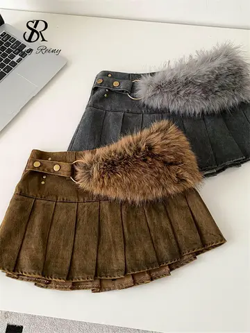 SINGREINY Hot Girl Denim Short Skirts Women Fashion Plush Bag Metal Button Streetwear Y2K Vintage Pleated Mini Skirts