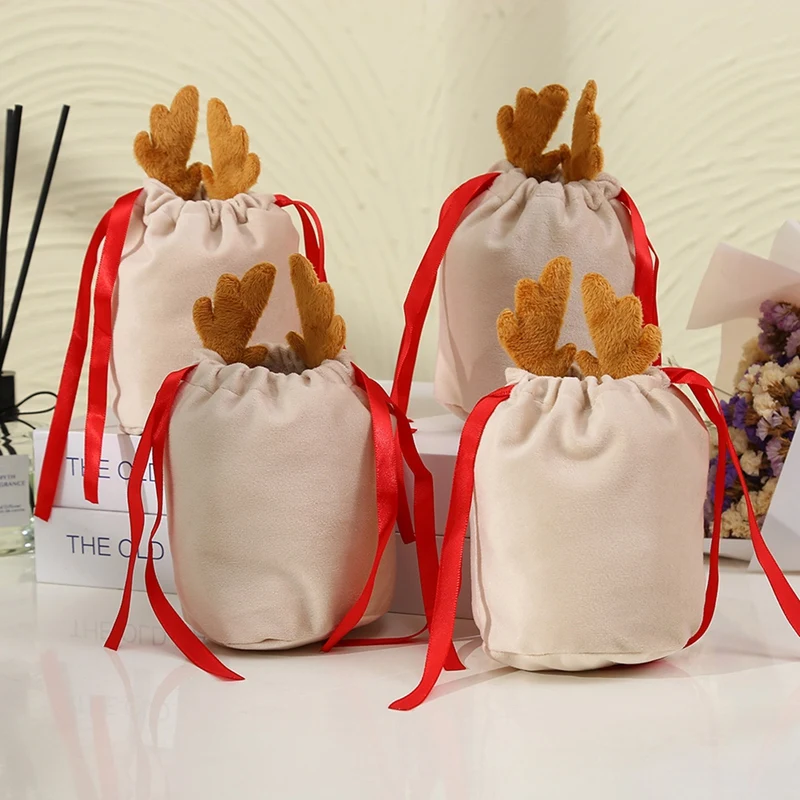 Sacos De Doces De Veludo Com Corda De Desenho, Presente Do Coelho Do Natal, Sacos De Embalagem, Decoração Do Partido, Antlers, 20PCs