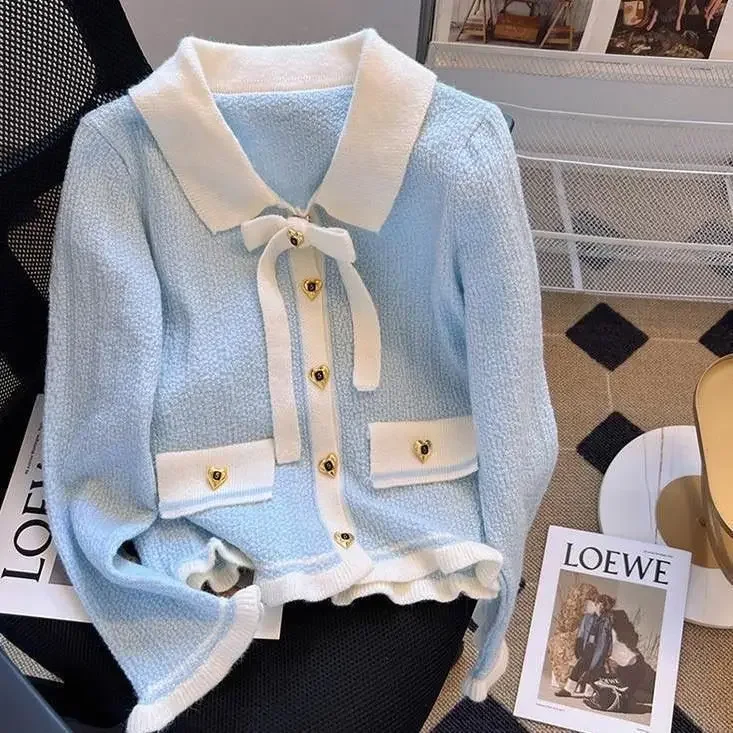 Bow tie knit cardigan for women\'s spring and autumn new short style contrasting color sweet little fragrance sweater