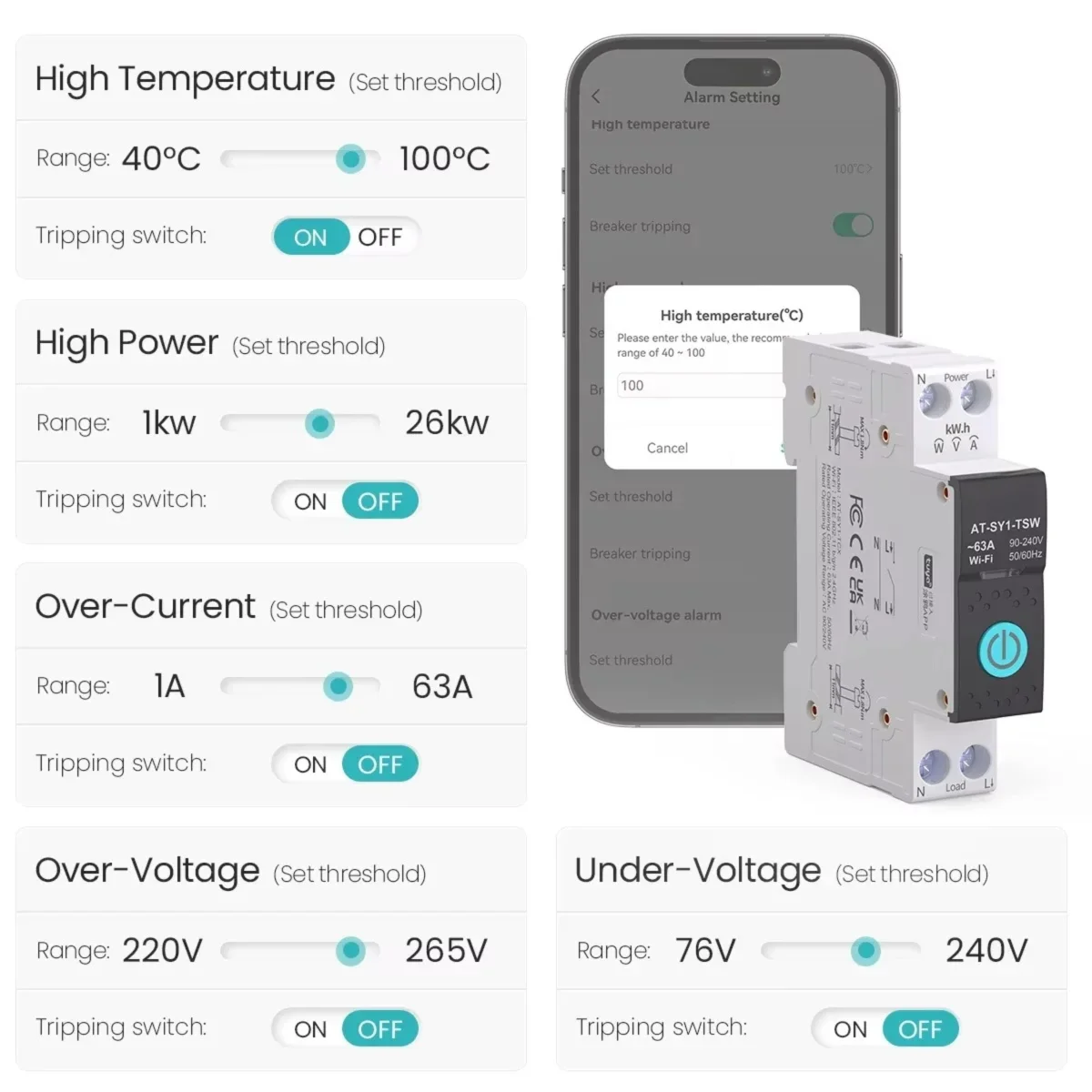 Tuya WiFi Smart Circuit Breaker with Metering and Timer Switch, Overcurrent and Undervoltage Protection, Power Measurement 1-63A