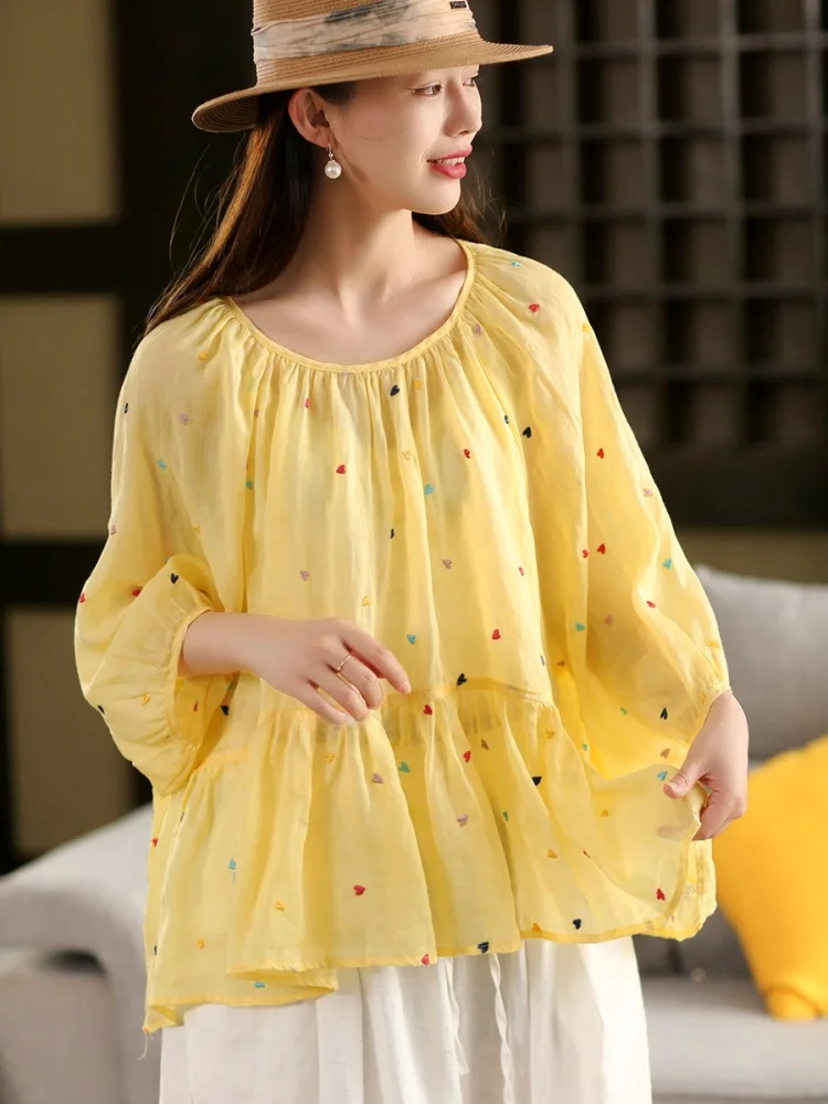 

Retro Embroidered 00% Flax irt Women High Waist Patchwork Blouse Ele Top Thin Cotton Linen Spring Summer irt