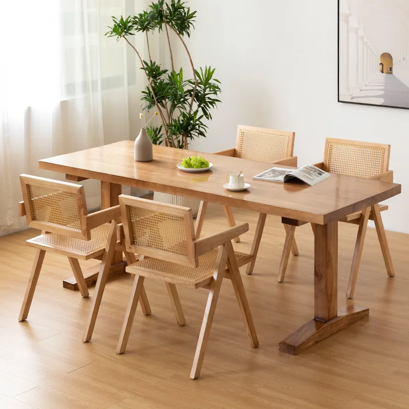 

Nordic all-solid wood dining table household log color small apartment dining table and chairs rectangular