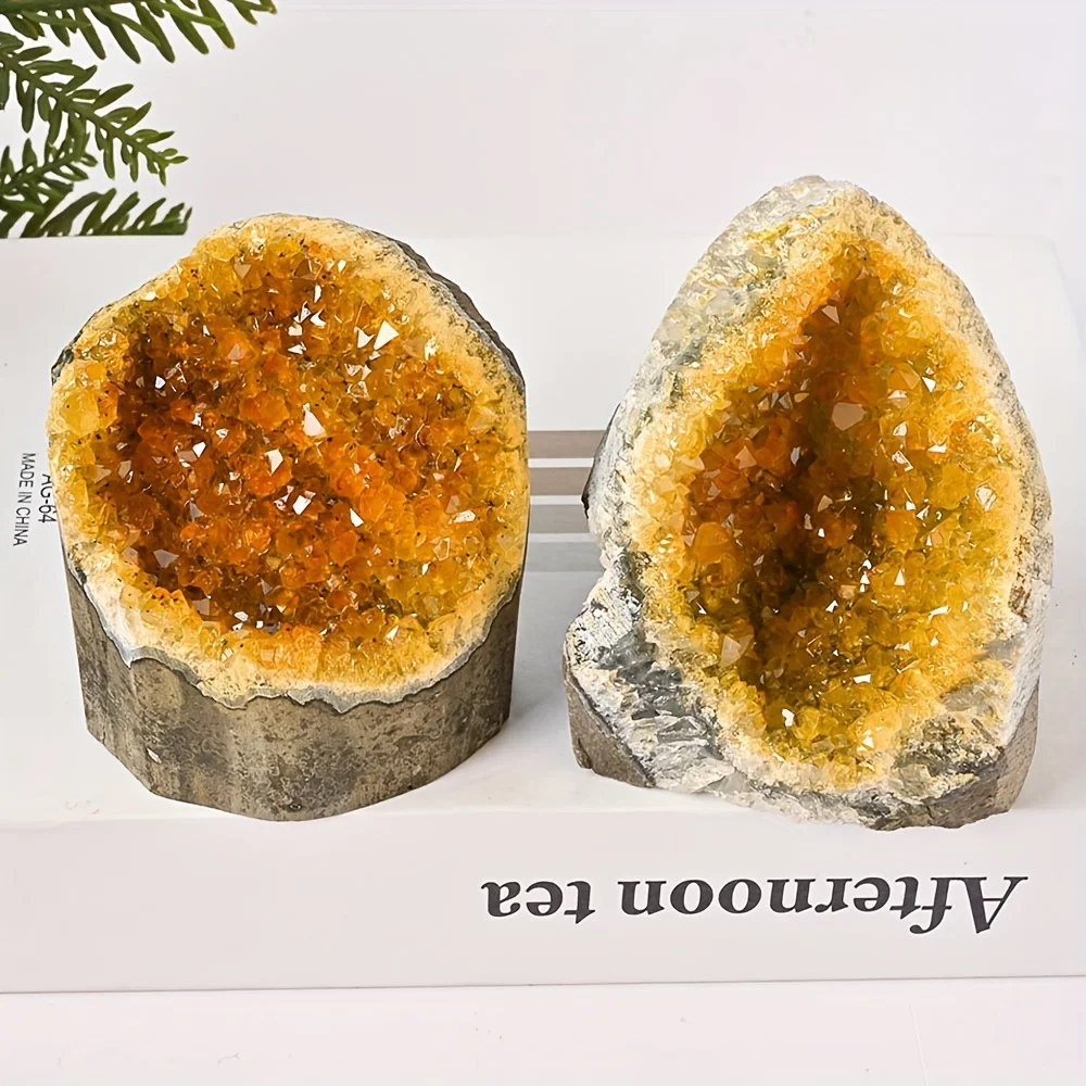1 Natural Quartz Crystal Geode - Rare Yellow Crystal Cluster with Natural Inclusions, Hand Polished Electroplated Mineral Specim