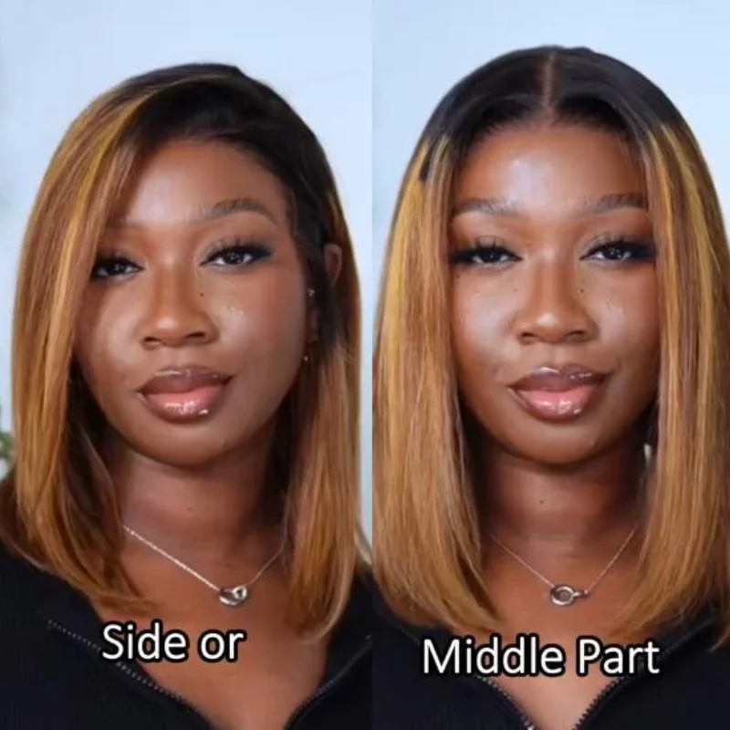 Klaiyi 7x5 No-Slip Cap Lace Brown Piano Highlights Straight Bob Wig Human Hair Glueless Bob Wigs Ready To Wear