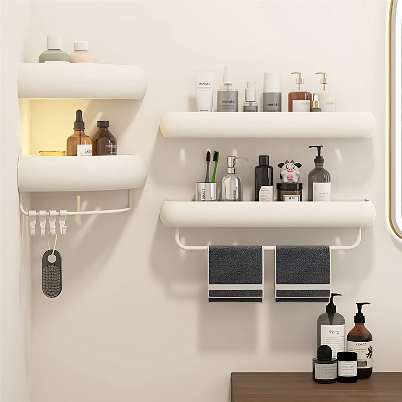 Cream Style Aluminum Alloy Bathroom Storage Shelf No Drill Wall Mounted Sturdy Rustproof Washbasin Organizer