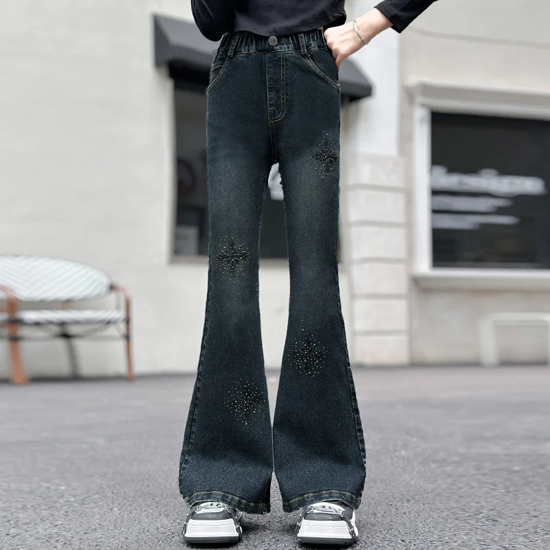 Girls Trousers Bell-bottoms Spring and Autumn Children 2024 New Style Jeans Girls Fashion Micro Cropped Pants Simple Casual