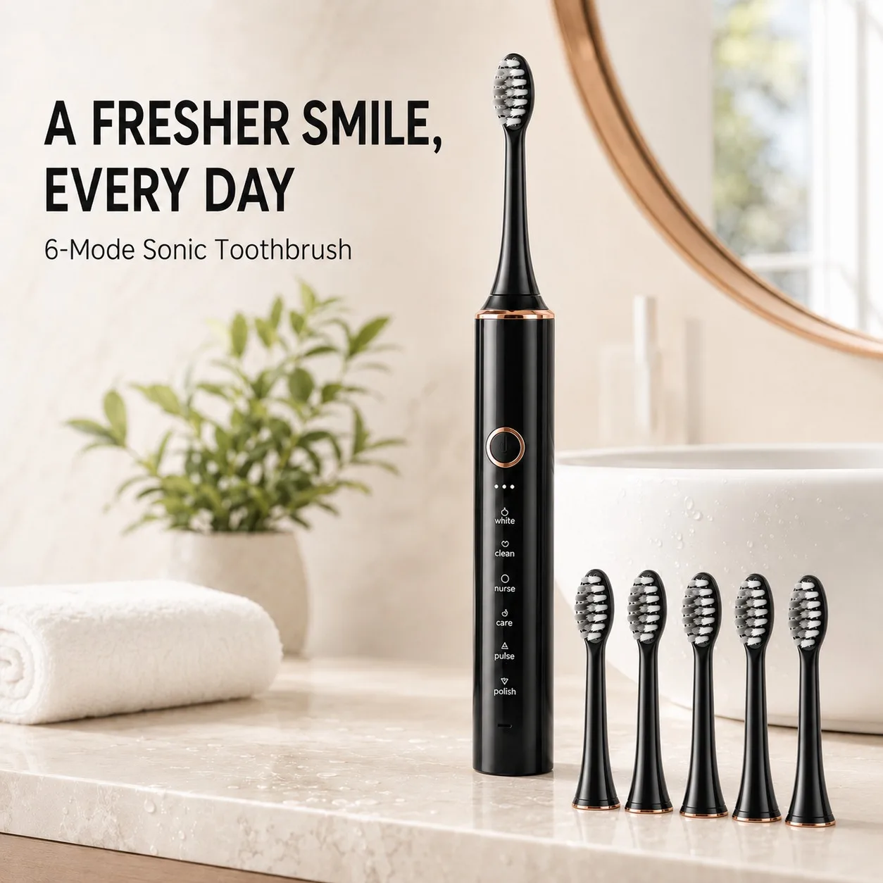 Sonic Electric Toothbrush USB Rechargeable Waterproof Ultrasonic Teeth Whitening Brush with 6 Modes Replacement Head for Adults