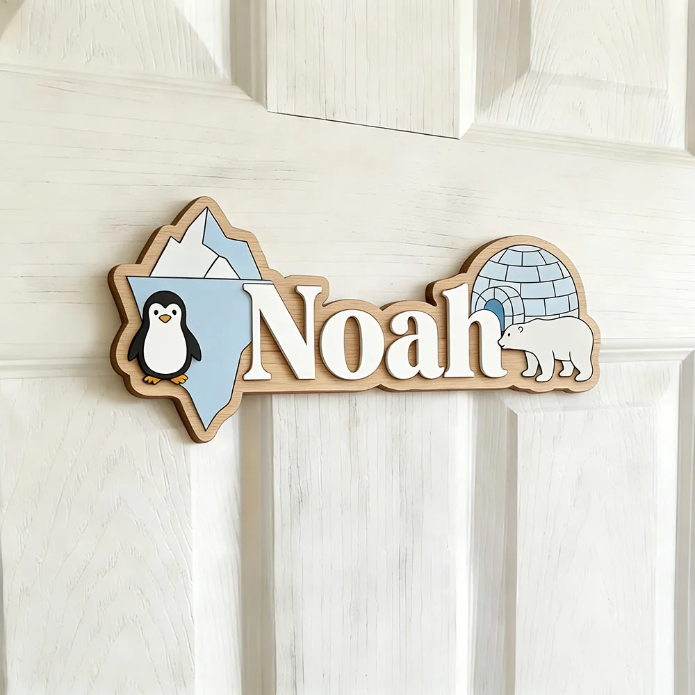 Arctic Penguin & Polar Bear Custom Name Sign Ice Cave Nursery Wall Art Personalized Wooden Plaque for Kids Room - view 2