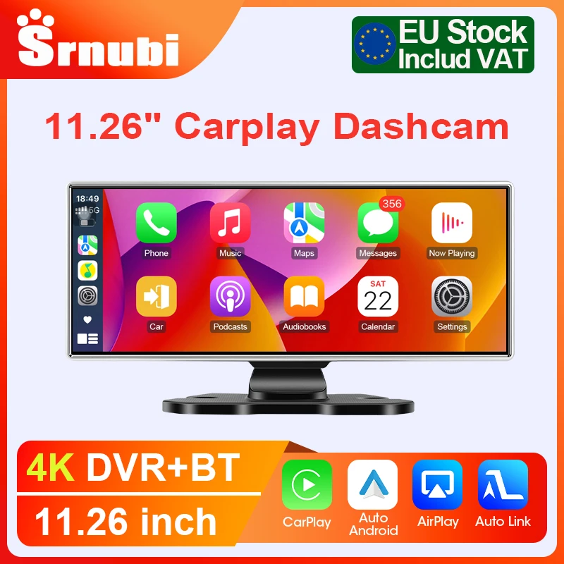 Srnubi 11.26'' Dash Cam 4K, DVR per Auto, Carplay Wireless, Android Auto, Navigazione GPS, Registratore Video, Radio per Cruscotto, Ricevitore Stereo