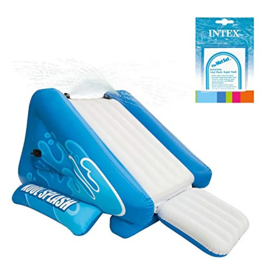 

Outdoor inflatable play center for swimming pools with water slide, durable PVC material, blue and yellow color, includes adhes