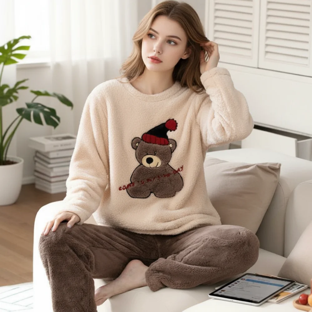 

2 шт./компл. женский пижамный комплект из кораллового флиса, теплый утолщенный комплект домашней одежды, пижамный комплект большого размера с круглым вырезом и мультяшным медведем