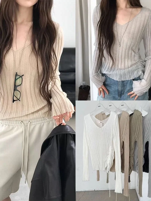 MOSA Korean Style V-Neck Slim Fit Drawstring Thin Knitwear Long Sleeve Striped Top Cotton Moisture Wicking Ladies T-Shirt