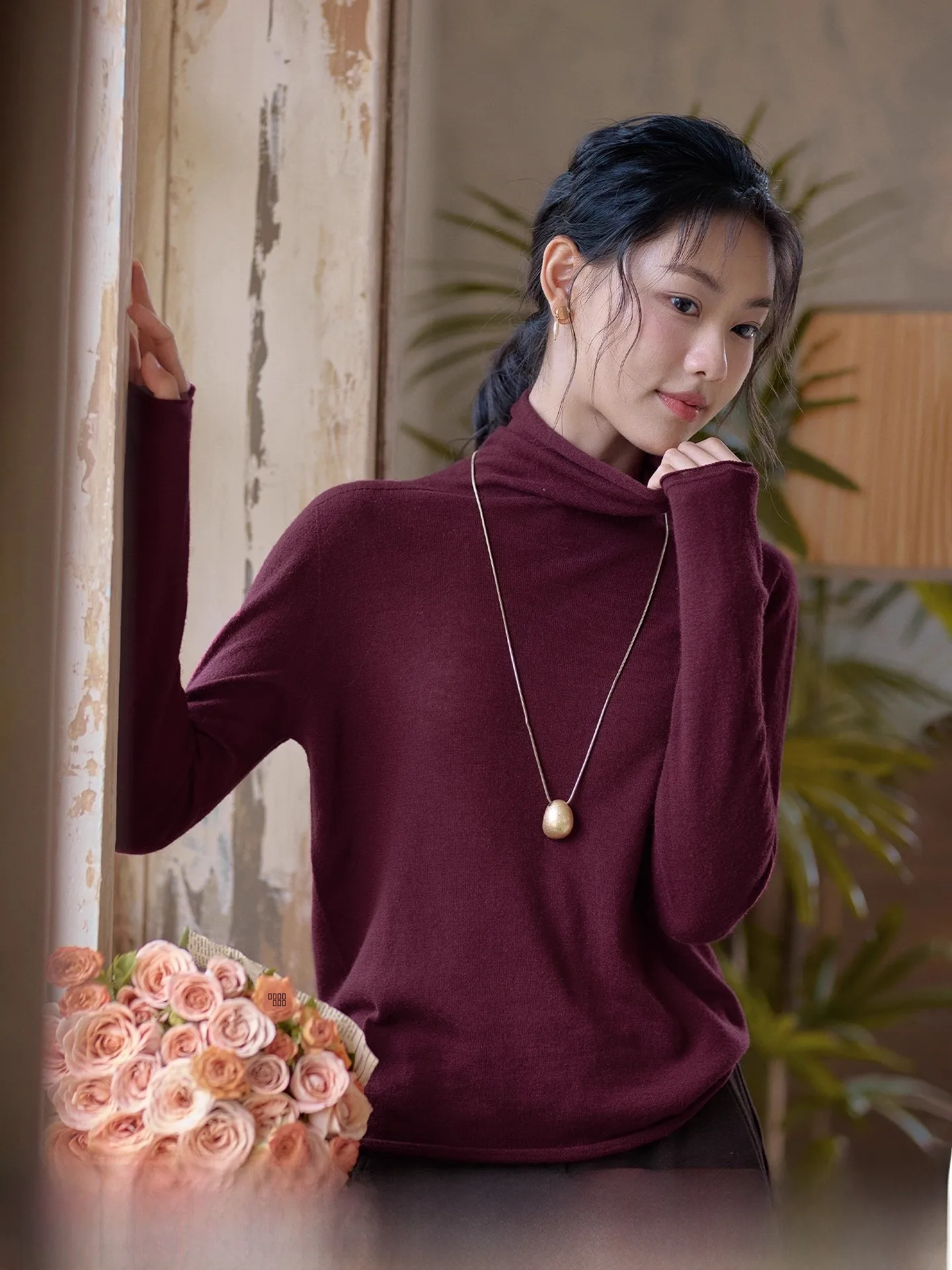 

Red Tead 00 Pure Wool Purple High Collar Knitted Sweater Women's Base Layer irt Winter New Sle Soft Warm Regular Fit