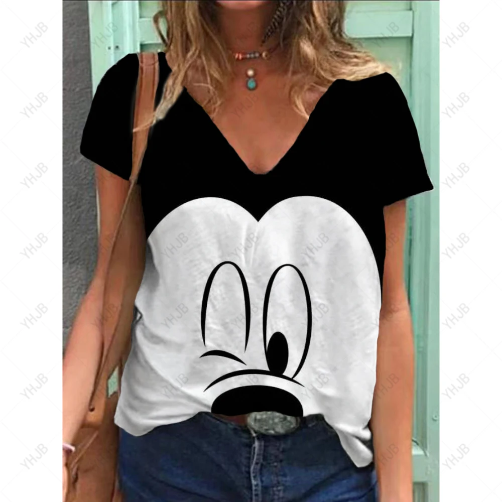 Simple Women's T-shirt Disney Mickey Mouse Print Tee Fashion V-neck Summer Loose Streetwear Female Clothes Casual Tshirt Ladies