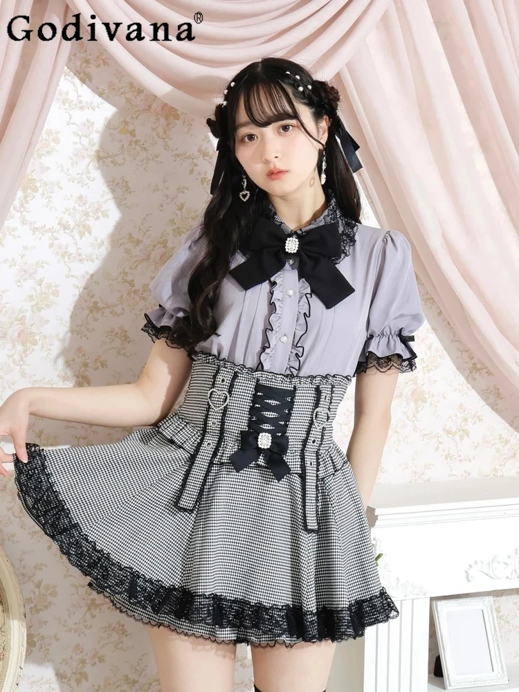 

2025 Summer New Sweet Girls Lolita Shirt Women's Cute Bow Lace Collar Blouses Japanese Mine Mass-produced Short-sleeved Tops