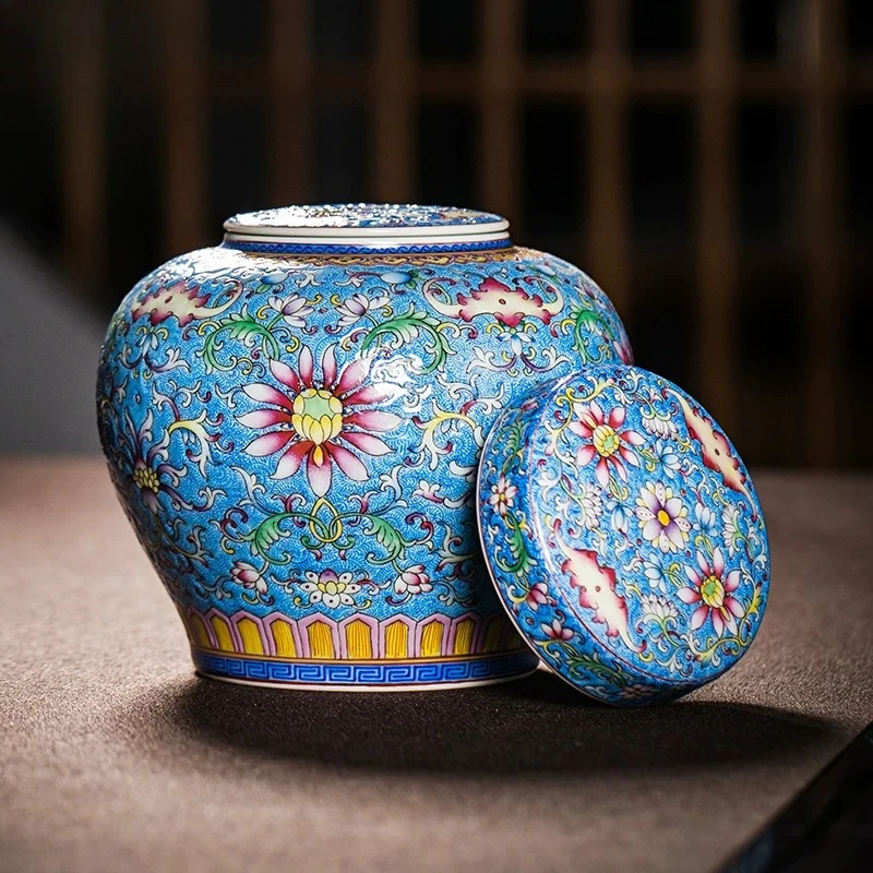 Ceramic jar tea set hand-painted enamel colored turquoise green blue ground phoenix tail lotus tea jar porcelain jar