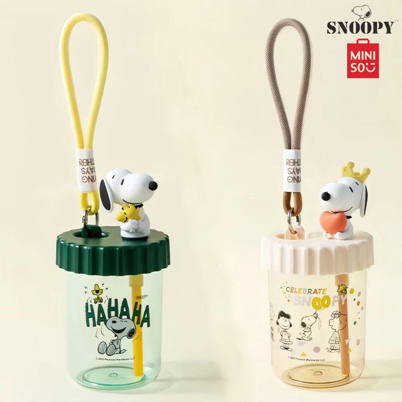 MINISO SNOOPY 520ML Water Cup With Straw Cartoon 3D Doll Portable Transparent Cold Drink Cup Cute Large Capacity Bubble Tea Cup